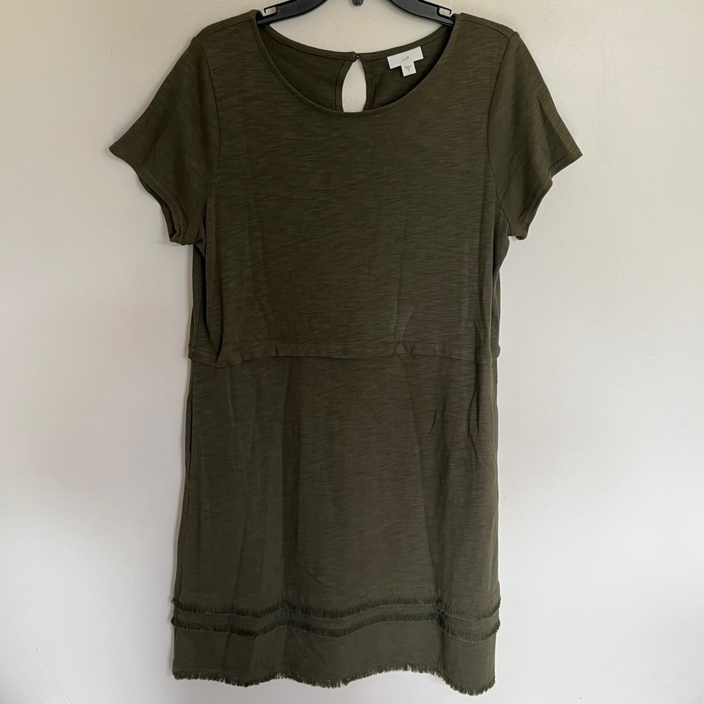 J. Jill Olive Green Fringe Hem Slub Knit Shift Dress Short Sleeve Size Medium